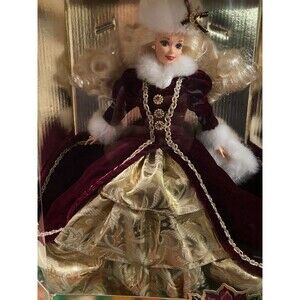 1996 Mattel Special Edition Barbie Happy Holidays NIB Burgundy Gold Gown Barbie